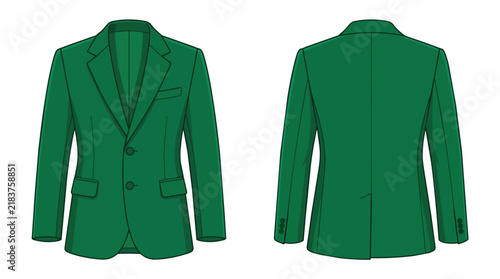 Professional Green Men's Blazer Suit Jacket Technical Drawing Mockup with Front and Back View for Fashion Design