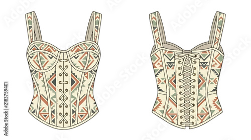 Stylish Tribal Pattern Sleeveless Bustier Corset with Lace Up Front and Back Detail for Fashion Design