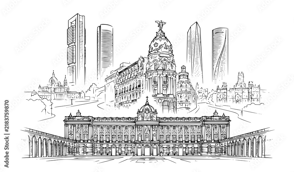Obraz premium Madrid Historic and Modern Skyline Royal Palace Metropolis Cuatro Torres Vector