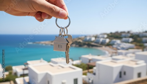 A hand holding keys above coastal homes suggests ideas of relocation property investment and seaside living. It may relate to Mediterranean locations and seasonal homeownership moments