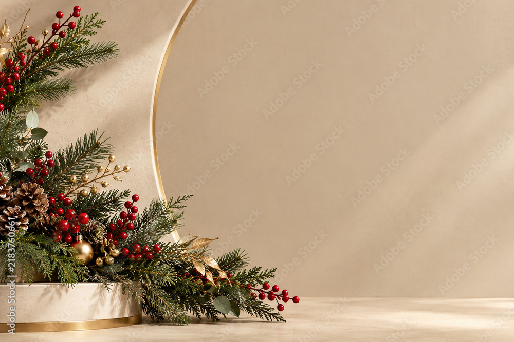 Fototapeta premium Elegant Christmas Podium Background with Golden Arch Fir Branches and Red Berries