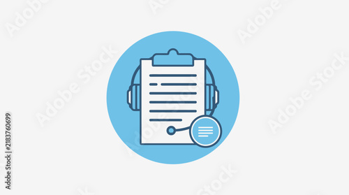 Clipboard with headset and magnifying glass audit icon.