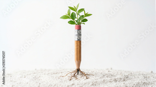 Wooden pencil with growing roots and green leaves sprouting, conceptual 3D render representing knowledge growth and creative development.