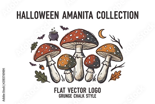 Halloween Amanita Muscaria Mushroom Set Hand Drawn Vector Illustration