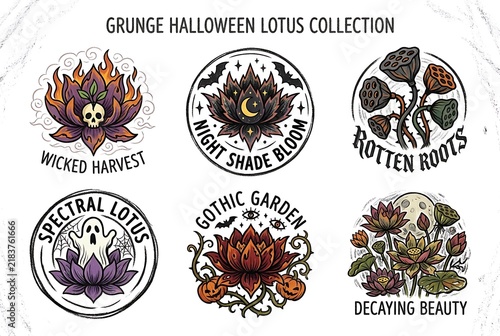 Halloween Rotting Lotus Flower Grunge Vector Logo Collection