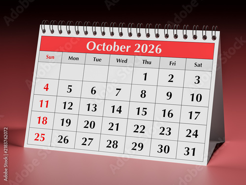 October 2026 calendar. One page of annual business desk monthly flip planner in month
