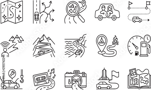 Road Trip Travel Car Navigation Scenic Route Line Art Icons