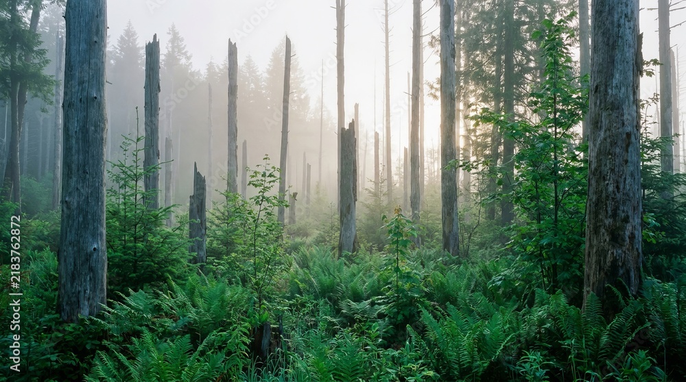 Fototapeta premium Atmospheric scene of fog-draped forest with tall, weathered trees.
