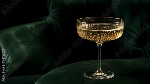 Elegant Champagne Coupe Glass with Sparkling Drink on Dark Background