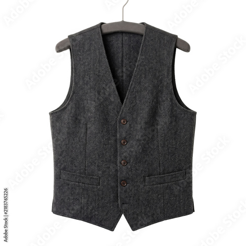 Photography Charcoal grey wool suit waistcoat on hanger