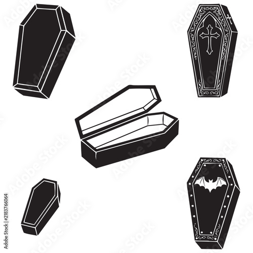 Halloween Coffin And Tomb Icon Set With Gothic Grave Symbols For Spooky Horror Decoration And Seasonal Design