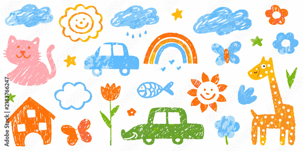 Fototapeta premium A collection of crayon drawings depicting animals vehicles and floral elements features a bright childlike aesthetic drawing artwork illustration doodle sketch colorful whimsical
