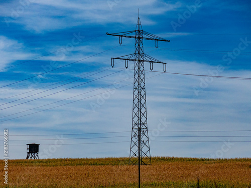 Strommast neben einem Hoch und Jägersitz