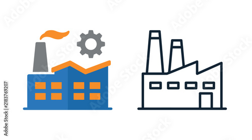 Industrial factory building with smokestack and cogwheel during day in flat vector illustration style