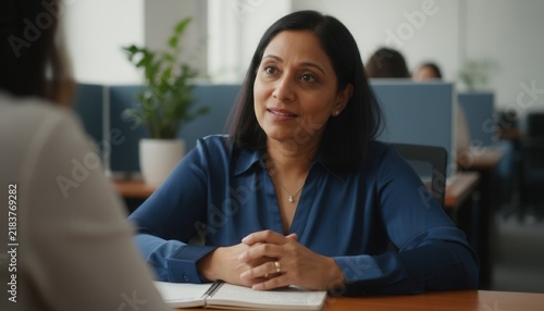 Middle aged female manager listening with empathy and professional attention during a one on one workplace meeting