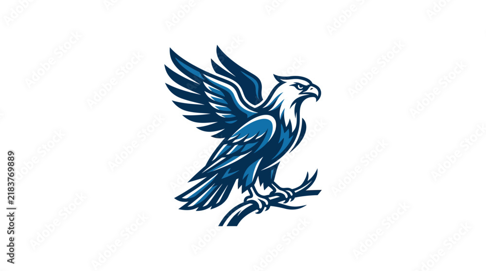 Fototapeta premium Blue eagle mascot perched on white background.