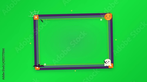 A purely minimalist and spooky 2D motion graphic featuring a Halloween-themed decorative frame on a clean green background. 