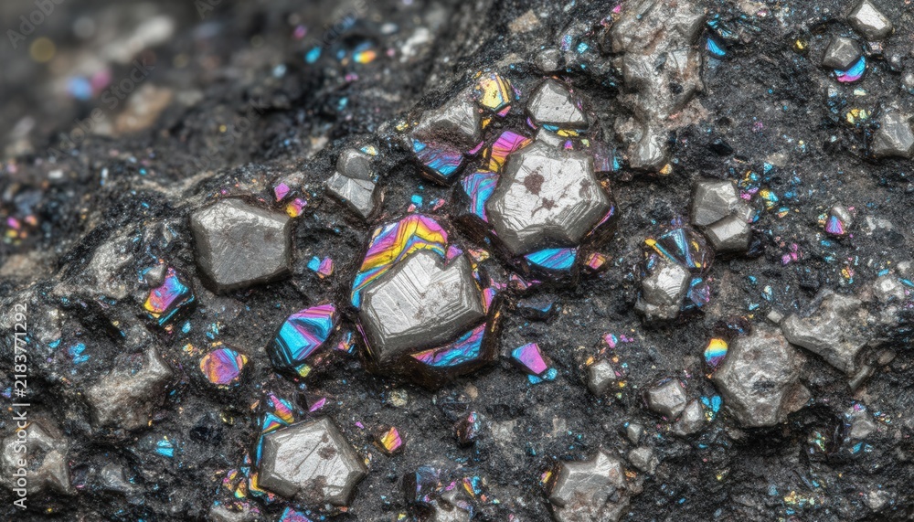 Obraz premium Macro view of dark metallic ore rock featuring brilliant iridescent rainbow mineral crystals and complex crystalline formations