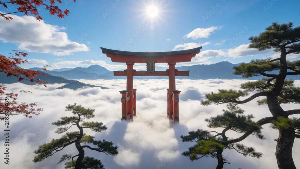 Naklejka premium Torii gate in mountain clouds