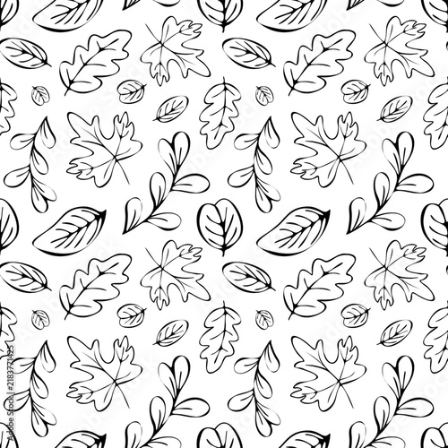 Seamless hand drawn pattern of delicate black and white line art autumn leaves, maple foliage, and botanical sprigs on a white background. Ideal for modern botanical textile prints and surface design.