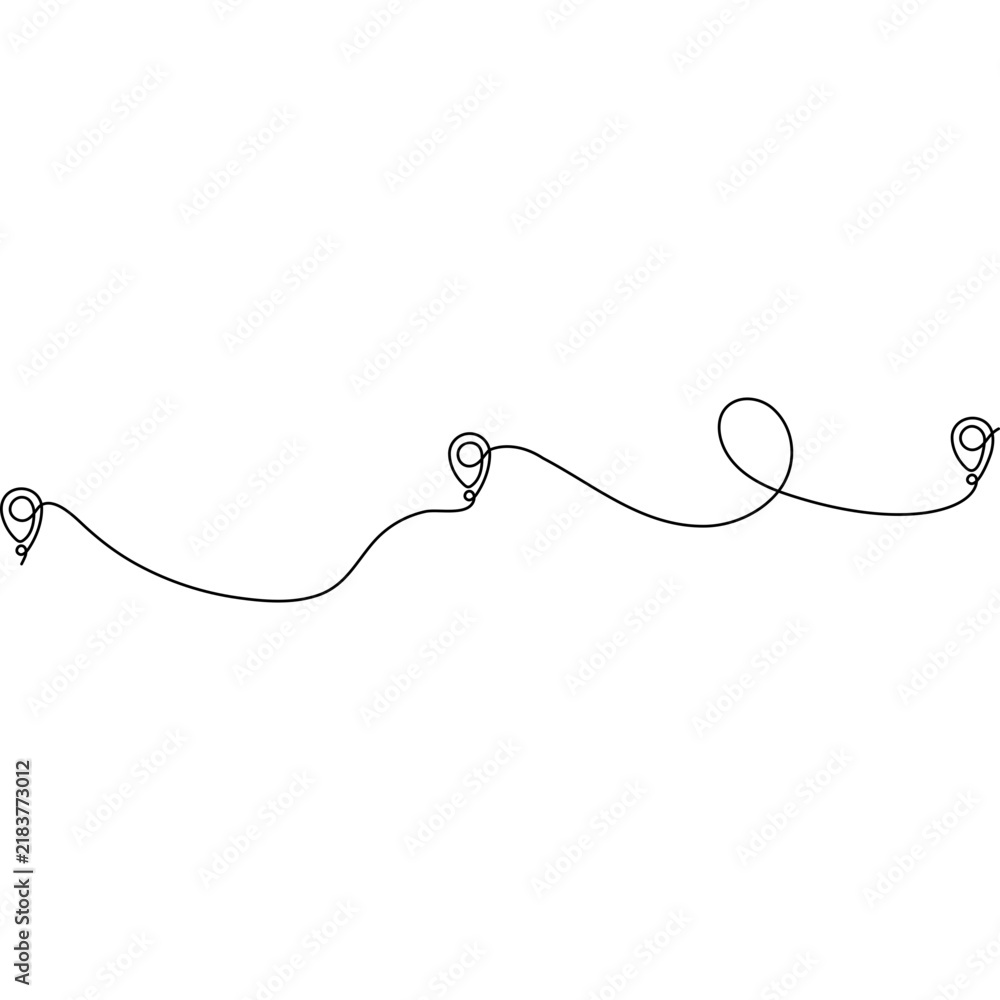 Obraz premium Line pin marks destination. Continuous winding route path. Vector illustration isolated on white.