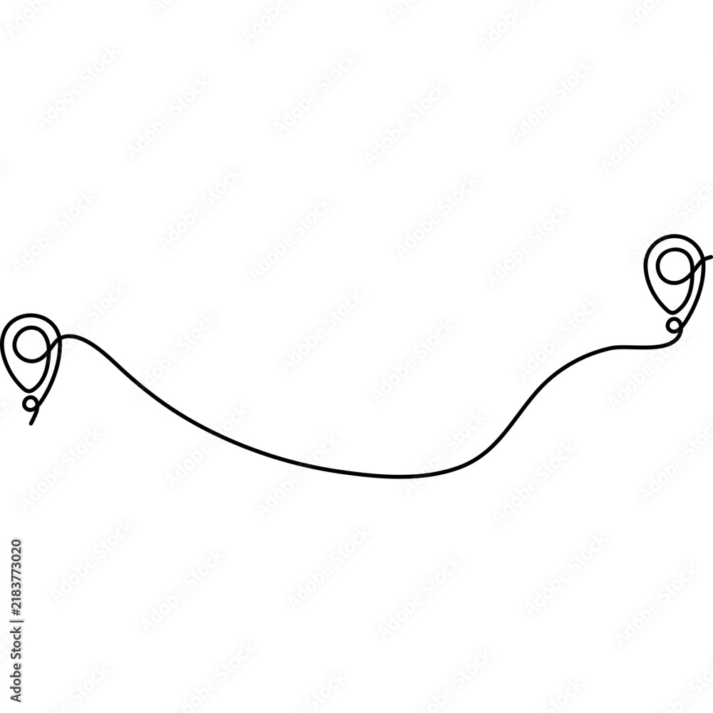 Fototapeta premium Line pin marks destination. Continuous winding route path. Vector illustration isolated on white.