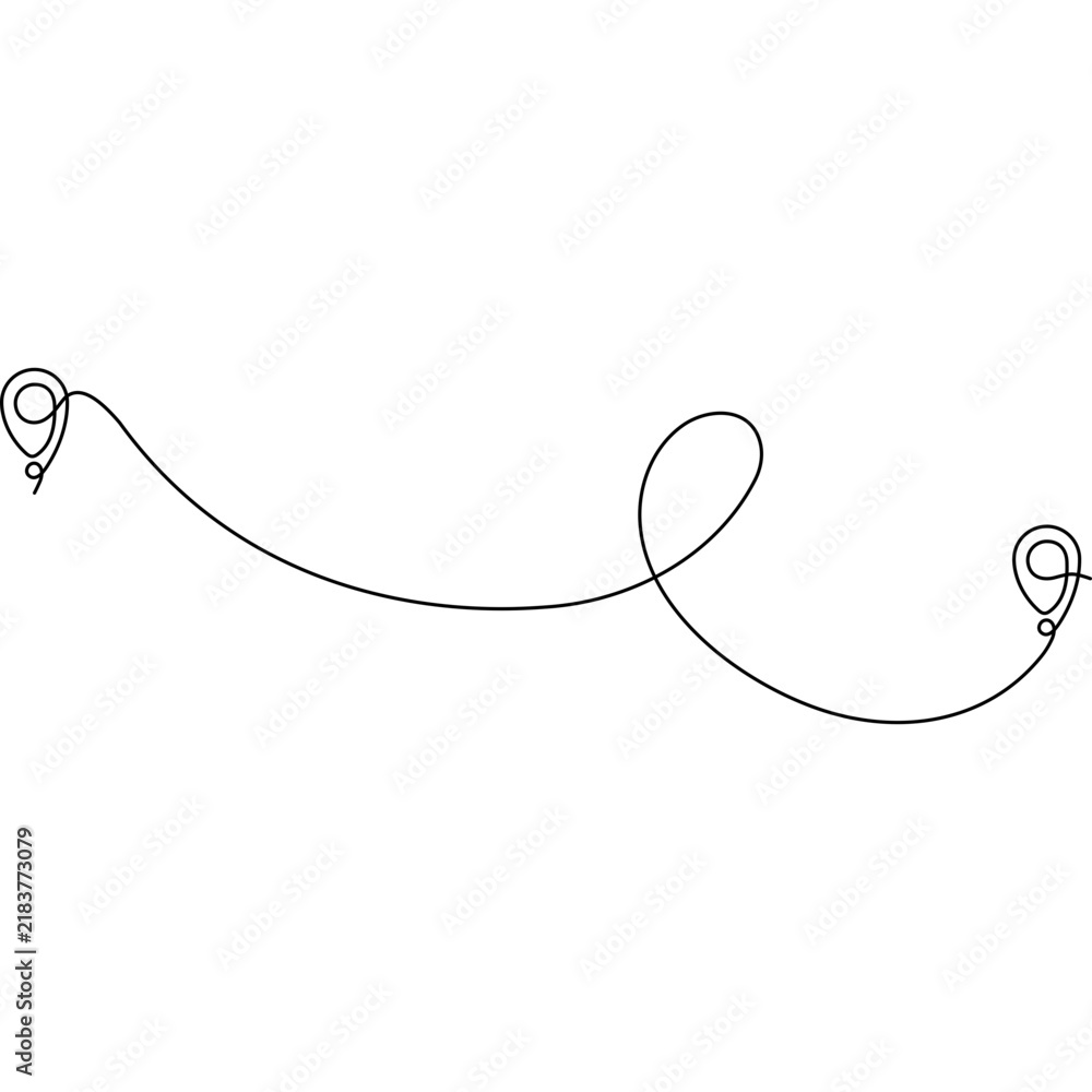 Obraz premium Line pin marks destination. Continuous winding route path. Vector illustration isolated on white.
