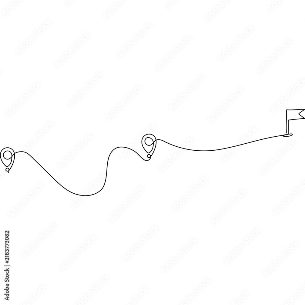 Obraz premium Destination concept with line pin mark and flag. Continuous line winding route. Vector illustration isolated on white.