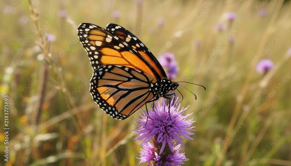 Obraz premium Macro shot of a monarch butterfly resting on a purple blazing star wildflower inside a sunlit native prairie meadow