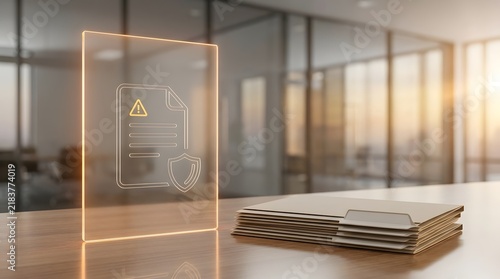 Document security and warning icon on glass panel