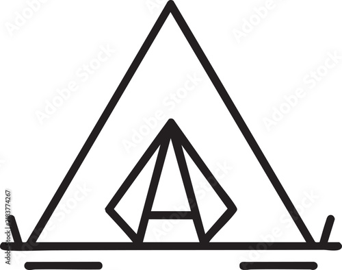 Line drawing of a triangular tent camping icon with adventure