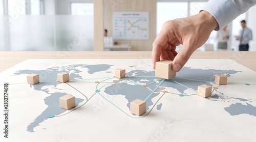 Hand placing wooden block on world map connecting global network