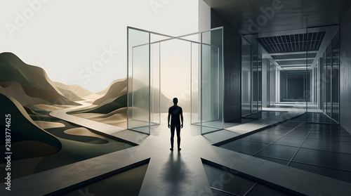 Silhouette of Person Standing at Crossroads Choosing Between Nature and Modern Architecture