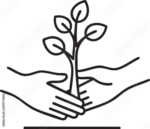 Hands holding small tree seedling symbol for growth and protection
