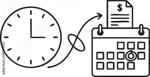 Clock and calendar icon with dollar sign for financial payment date