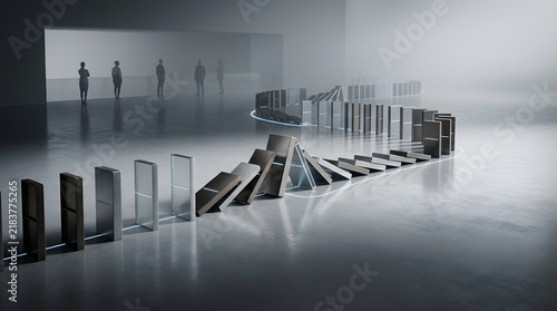 Sequence of large rectangular blocks falling like dominoes in a futuristic gallery with silhouettes