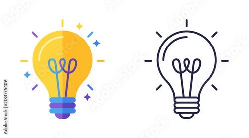 Bright light bulb concept with colorful sparkles and outline version vector illustration