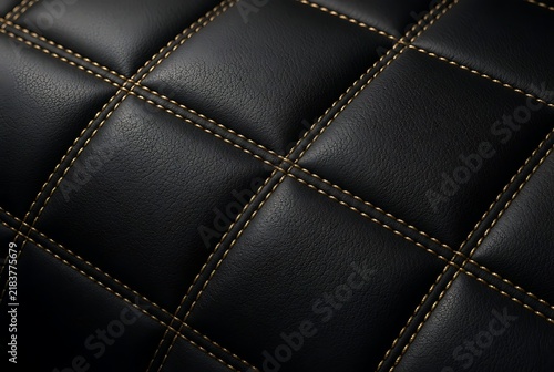Black leather texture with square pattern and white stitching detail