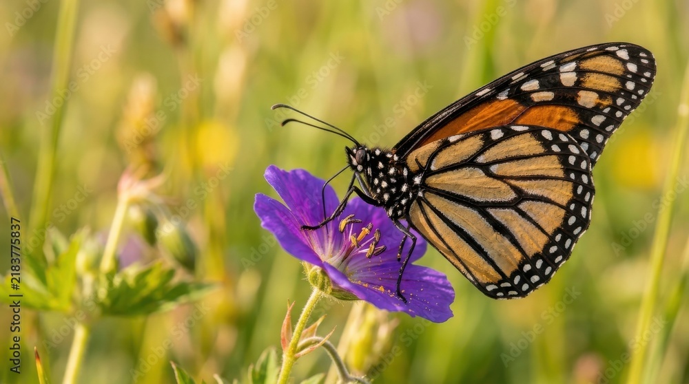 Obraz premium Monarch butterfly on purple wildflower, orange butterfly feeding on blossom, vibrant insect in sunny summer meadow field Black Friday Special