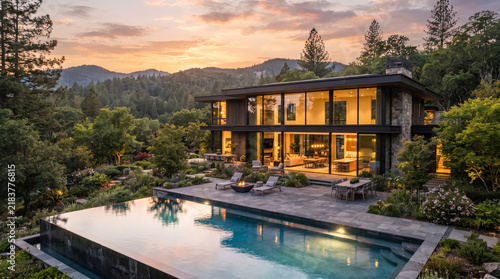 Modern luxury house with swimming pool at sunset in a scenic forest landscape