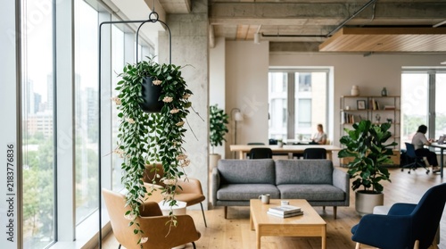 A modern office space with a minimalist design, featuring a large window, concrete walls, and a wooden floor. 
