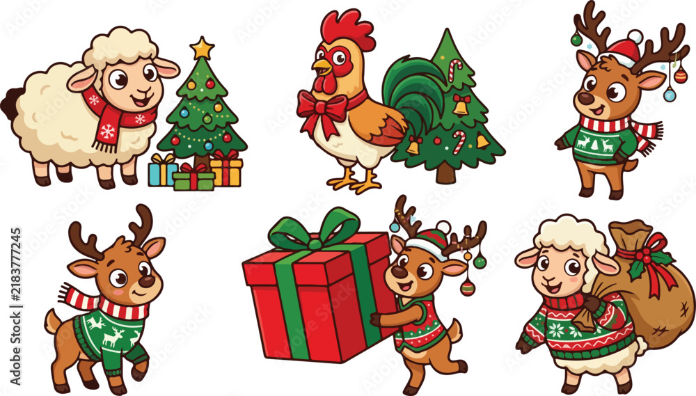 Naklejka premium Set of cute cartoon animals like sheep and reindeer wearing winter clothes and celebrating the christmas holiday season together