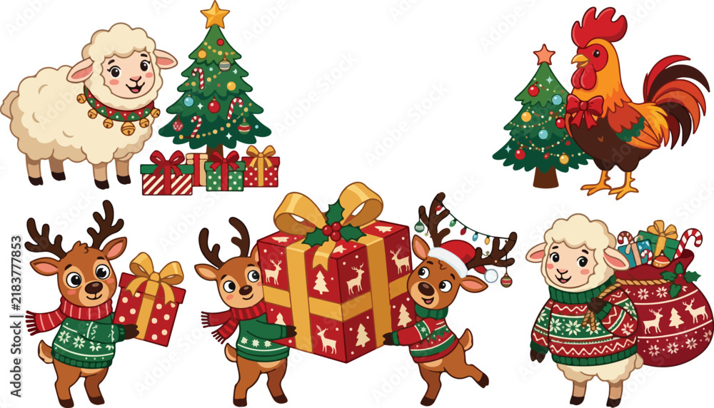 Fototapeta premium Set of cute cartoon animals celebrating christmas with decorated pine trees gifts and festive sweaters on a white background
