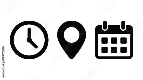 Time and scheduling icon collection illustration. Simple clock, location marker, and calendar symbols for appointments, deadlines, navigation, events, planning, and digital applications.