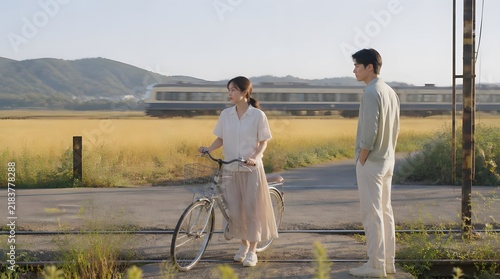 Korean Couple Standing by Rural Train Tracks with Bicycle