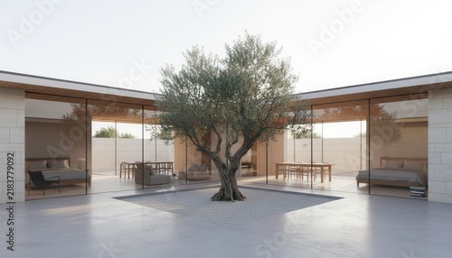 Single story modern pavilion house structured symmetrically around an open air central courtyard featuring a mature olive tree
