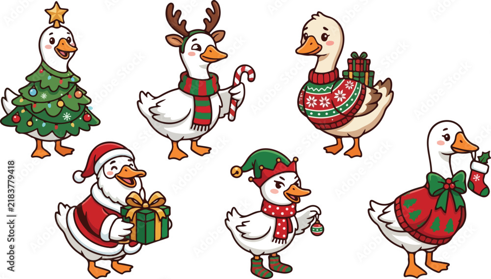 Naklejka premium Set of cute cartoon geese dressed in festive christmas outfits and winter accessories isolated on a white background collection