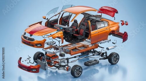 Orange car exploded view showing internal engine chassis and parts isolated on a white background