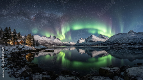 Northern lights over snowy mountain lake with starry sky and reflection at night