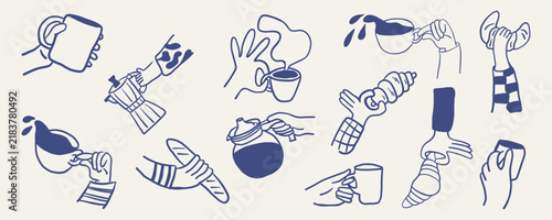 Cuadro en lienzo Cute hand drawn coffee and croissant doodle set